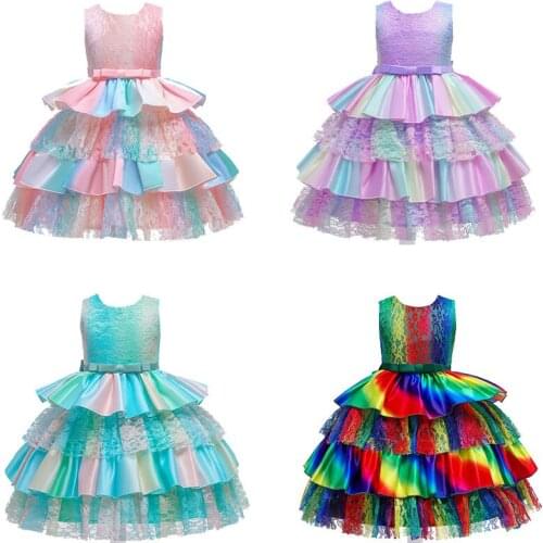 2021 Summer Kids Colorful Dresses For Girls Children Costumes Girl Rainbow Party Tutu Dress Lace Wedding Princess Dress Birthday