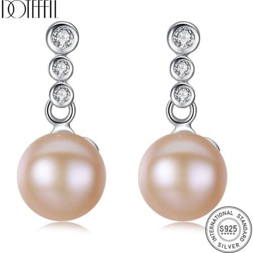 DOTEFFIL 10mm Natural Pearl White/Pink/Purple 925 Sterling Silver AAA Zircon Earrings For Women Wedding Engagement Charm Jewelry