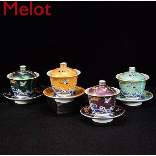 Enamel Color Crane Gaiwan Tea Ceremony Bowl Pot Tea Cup Single Tea Bowl Ceramic Gilding Crane Tea Brewing Bowl