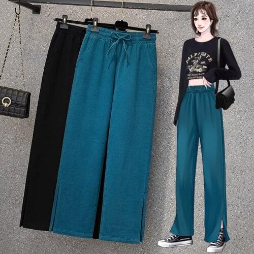 Black Blue Wide-Legged Capris Plus Large Size Oversize Korean Vintage Clothes WomenS High Waist Trousers Fashion Pants For Girl