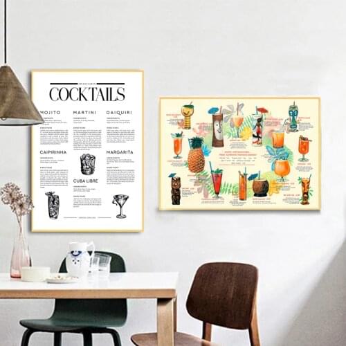 Cocktail Recipe Poster Art Print Kitchen Wall Decoration , Cocktail Lover Gift Cocktail Menu Canvas Painting Wall Art Pictures