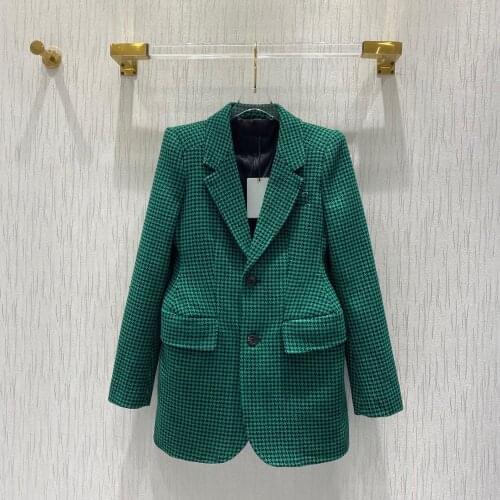 Minimal Luxury Design Style Green Houndstooth Print 75% Wool 2021 Fall Winter Collection Single Breasted Blazer