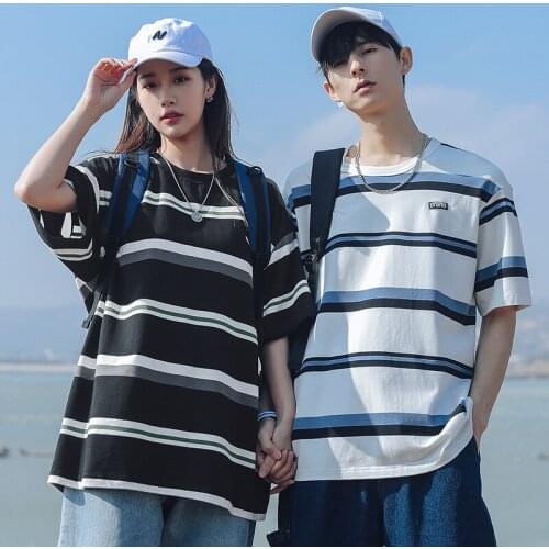 Men 's T-shirt 2021 Spring and Summer New Couple Short Sleeve Loose Cotton Black and White Striped Top