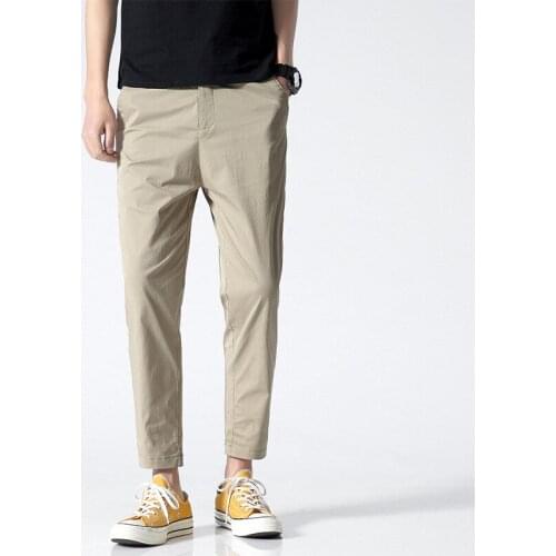 Men Trousers 2021 Summer Casual Solid Color Thin Straight Ankle Length Pants Korea Style Loose Elastic Waist Harem Pants