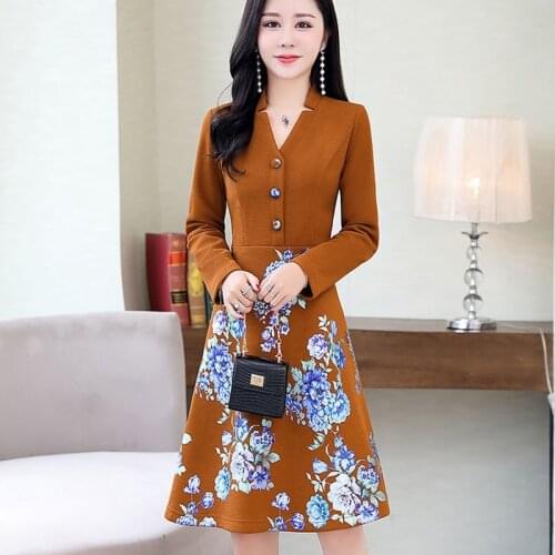 2020 New Vintage Print V-neck Dress Autumn And Winter Fashion Elegant Midi Long Middle-aged Mother Party Women Vestidos Lu1307