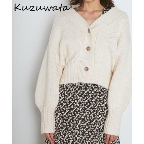 Kuzuwata New Simple Sweet Loose Women Cardigan 2021 Spring V Neck Single Breasted Knit Coat Casual Solid Design Sweaters 82633