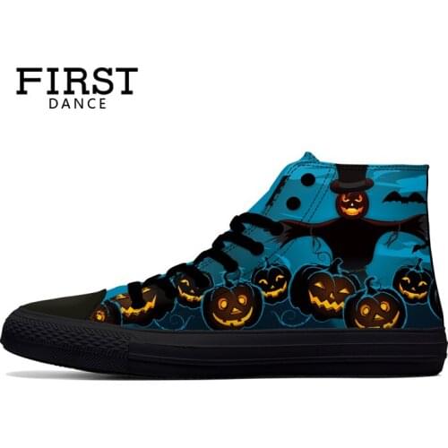 FIRST DANCE Halloween Casual High Top Blue Classic Canvas Shoes Men Nice Fashion Pumpkin 3D Printed Black Toe Shoes Men Sneakers