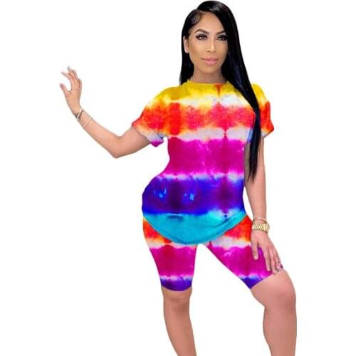 Plus Size Rainbow Tie Dye Print 2 Piece Set Women Clothes T-shirt Top and Shorts Sweat Suits Casual Matching Sets Jogging Femme