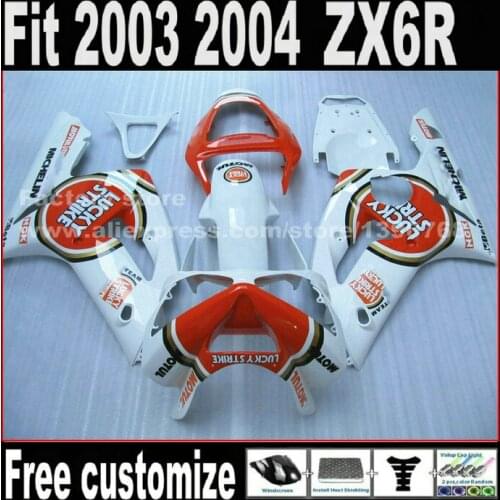 Lowest Price Fairing Kit For 2003 2004 Kawasaki ZX6R Ninja 636 Orange White LUCKY STRIKE ZX636 ZX-6R 03 04 Fairings Set PC4