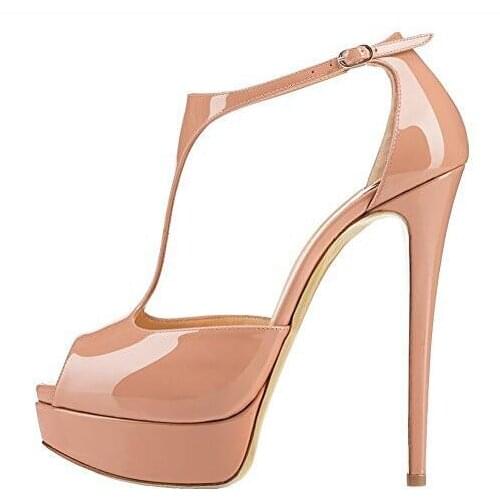 Sandalia Feminina Patent Leather T-bar Women Sandal Peep Toe High Platform Dress Shoes Cut-out Gladiator Wedding Heels Pump Shoe
