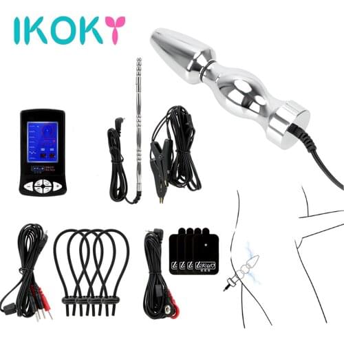 IKOKY Electric Shock Stimulate Set Anal Plug Penis Plug Massage Pad Cock Rings Nipple Clamps Medical Themed Toys Sex Products
