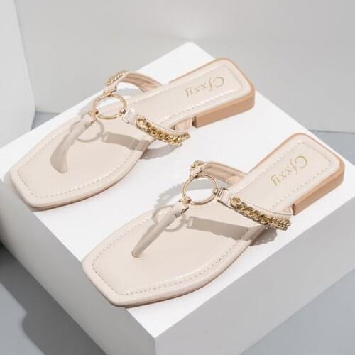 New Summer Womens Slippers Fashion Metal Chain Round Buckle Ladies Sandals Square Toe Flat Flip Flops Female Beach Shoes hh46