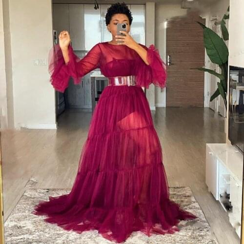 Plus Size Grape Purple Prom Dresses See Thru Long Sleeve Evening Dress Lush New Design Formal Party Gowns Sheer