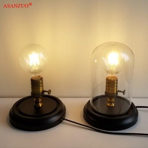 Loft Vintage Industrial Glass Black Wood Desk Lamp Retro Edison Bulb Wooden Base Led Table Lights