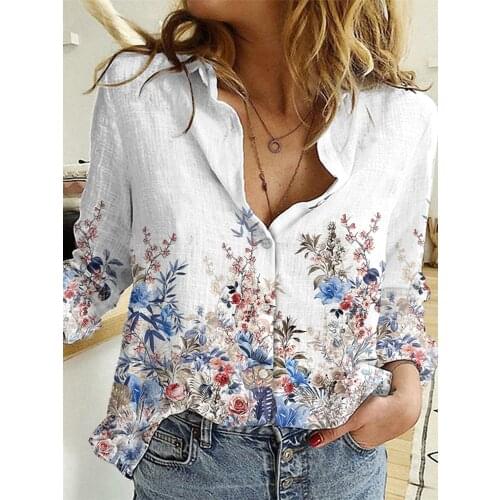 Casual Flower Print White Shirt Autumn Women Tops Fashion Lapel Button Cardigan Blouses Elegant Lady Street Oversized Blouse 3XL