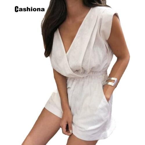 Cashiona Women Elegant Leisure Casual Playsuits Sleeveless Onesies Sexy Femme Overalls Short Rompers Summer V-neck Jumpsuit