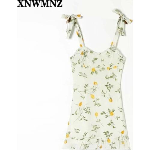 XNWMNZ 2021 Summer France Vintage Grass Flower Print Bandage Tie Bow Strap Ruffles Hem mini Dress Retro Sexy Women Sling Dresses