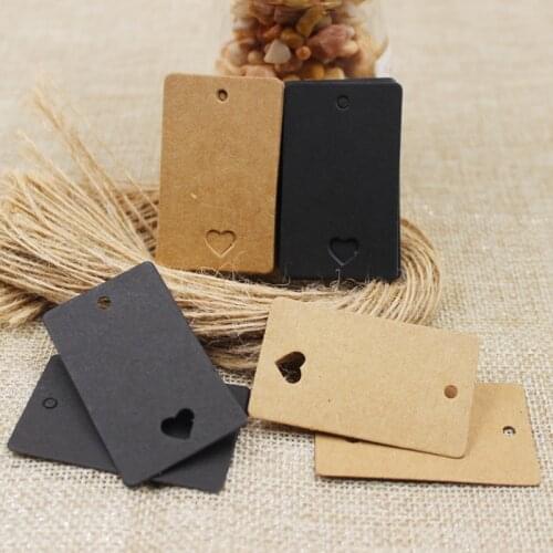 100pcs+100 hemp string 5*3cm new style retangular black /Kraft Paper Blank Card Hand Draw Gift Label Tags Heart Hollow