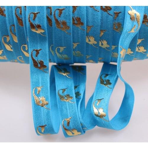 5/8" foe, gold foil mermaid printed fold over elastic 340 turquoise 5/8" foe elastic 50yards/lot wholesale