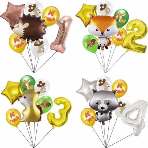 7pcs Large Jungle Hedgehog Fox Raccoon 32inch Number Balloons Cartoon Animal Foil Balloon Birthday Safari Party Decor Kids Toys