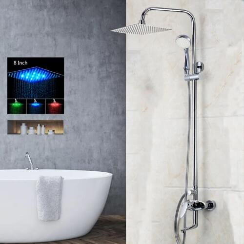 8" LED Bathrome Bathtub Rainfall Shower head Polished Wall Mounted Swivel Mixer Taps Shower Faucets Set Chrome Finish