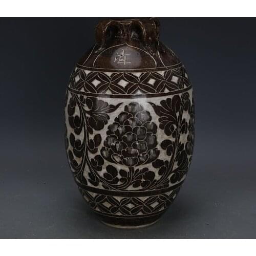 Antique SongDynasty Cizhou kiln black color engraved four-line porcelain bottle,Home Decoration collection & adornment1903