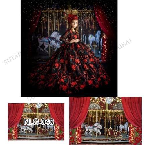 Glitter Dream Carousel Girl Birthday Party Background for Photography Red Tent Baby Shower Decoration Backdrop Photo Studio
