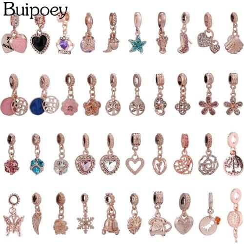 Buipoey New Rose Gold Dangle Heart Charm Fit Brands Bracelets & Pendant Necklace Crown Butterfly Dangle Beads Bangles Accessory