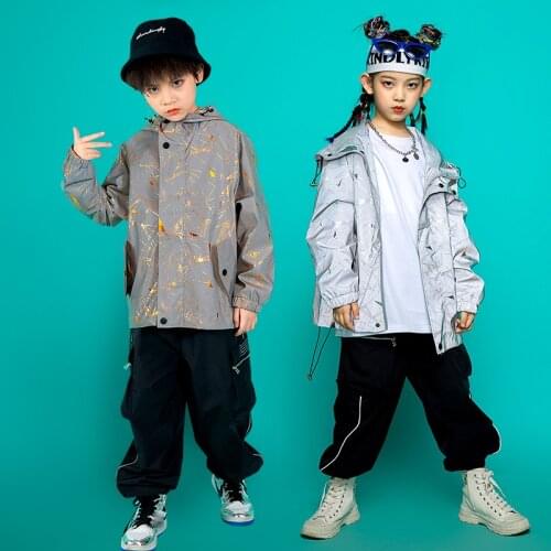 Childrens Hip Hop Dance Costume Reflective Jacket Casual Black Pants For Girls Hiphop Clothes Performance Stage Outfits BL5779