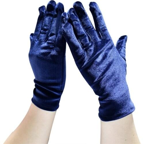 Women Short Velvet Full Finger Gloves Shiny Solid Color Gown Opera Banquet Dress Party Dance Elastic Stretchy Wrist Leng