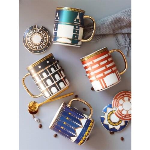 Europe Ceramic Coffee Cup With Lid Spoon Luxury Mug Couple Drinking Water Tazas De Cafe Afternoon Tea Party Drinkware