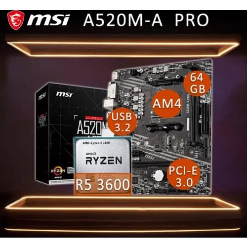 Socket AM4 MSI A520M-A PRO With AMD Ryzen 3600 CPU Motherboard Comb PCI-E 3.0 AMD A520 Motherboard Bundle Placa-mãe AM4 New