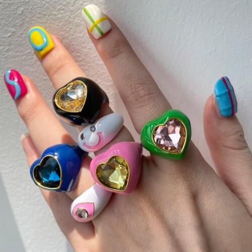 HUANZHI 2021 New Vintage Colorful Rhinestone Heart Drip Glaze Enamel Resin Acrylic Open Rings for Women Girls Jewelry Gifts
