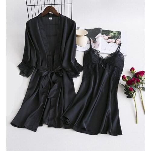 Pyjama Gown Set Women Sleep Suit 2PCS Nightshirts V-Neck Pajamas Silky Sleepwear Spring Nighty Robe Wear Home Negligee Homewear