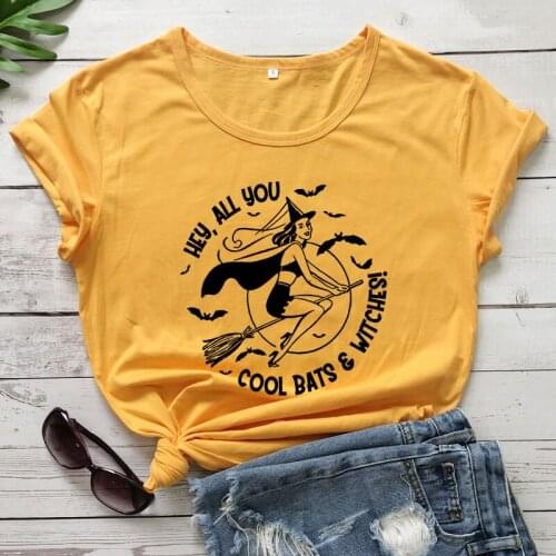 Hey All You Cool Bats & Witches T-shirt Retro Pin-up Lady Halloween Party Tshirt Cute Witchy Woman Graphic Tee Shirt Top