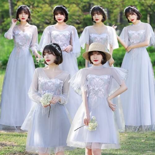 Summer Elegant Embroidery Flowers Net Yarn Ankle-Length Simple Pink Champange Bean Paste Sweet Party Bridesmaid Dresses 9739