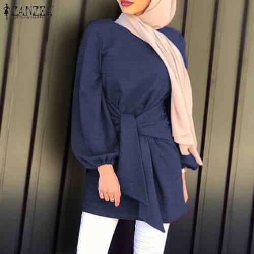 Fashion Muslim Tops Womens Autumn Blouse ZANZEA Casual Long Sleeve Shirts Female Solid Lace Up Shirts Islam Clothing Plus Size