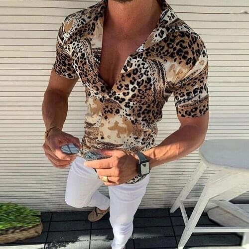 2019 Hot Selling Mens Fashion Leopard Print Shirts Short Sleeve Social Casual Slim Fit Sexy Top Blouse Male Clothing Streetwear