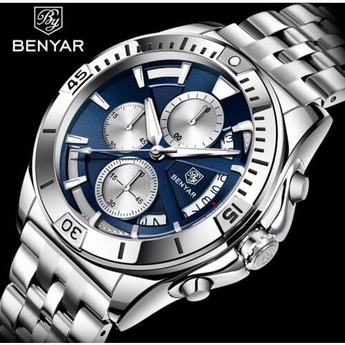 BENYAR Mens Watches 2021 Top Brand Luxury Stainless Steel Men Quartz Wristwatches Chronograph Sport Military Relogio Masculino