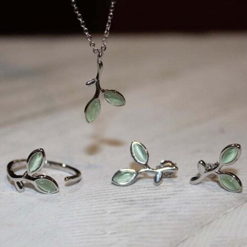 925 Silver Green Leaf Earrings Ring Necklace Set 3 Pieces Inlay with Opal Bohemian Simple Style Jewelry For Women Girls Gift