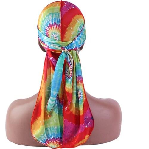 New tie-dyed Thick Silk Durag Floral Printing Durags Bandanas for Men Hair Wave Cap Long Straps Headband Men Silk Headwear Durag
