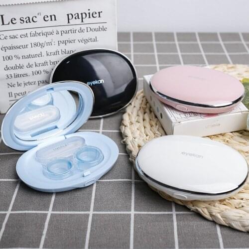 Oval Contact Lens Case with Mirror Solid Color Portable Compact Powder Box Cosmetic Contact Lenses Storage Case