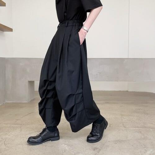New Mens Pleated Japan Harajuku Streetwear Loose Casual Black Wide Leg Kimono Skirts Pants Menswear Ankle Length Trousers Male