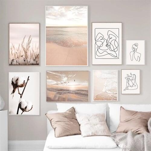 Wheat Cotton Beach Landscape Wall Art Posers and Prints Abstract Women Body Line Drawing Couple Kiss Canvas Painting Home Decor