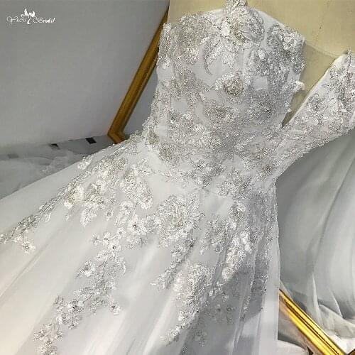 RSW540 Tulle A-Line Skirt Strapless Silver Beaded Lace White Wedding Dress