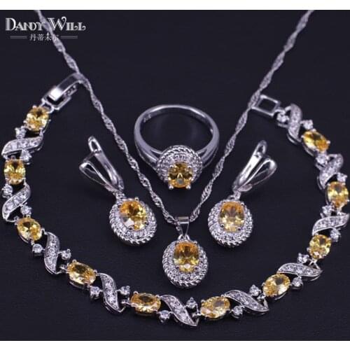 Earrings ring bracelets necklace silver color jewelry set sparkling yellow cubic zircon jewelry set for women present
