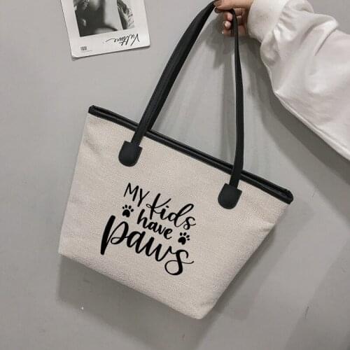 My Kids Have Paws Printed Gift for Dog Cat Lovers Student Women Funny Canvas Tote Bag Shoulder Book Bag Beach Bag Work Bag