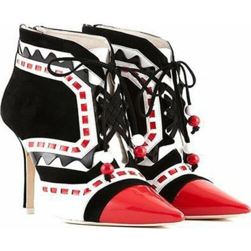 Factory fashion geometric patchwork beads lace up ankle boots thin high heels mixed colors boots pointed toe short bottines