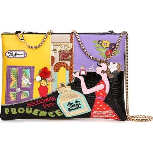 Women Bag Leather Patchwork Embroidery Envelops Chain Shoulder Bag Cross Satchels Bag Clutch Bags Braccialini Style Perfume girl