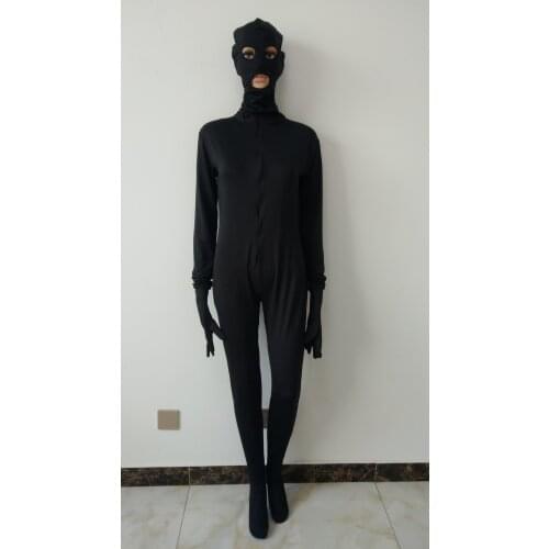 Womens party club jumpsuit black color Spandex Catsuit with removable gloves Hood open eyes mouth front Zipper
